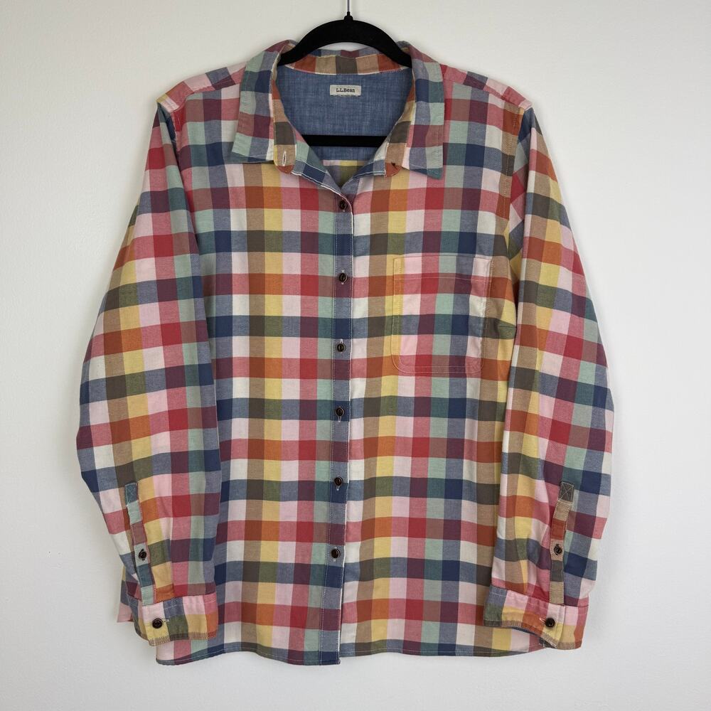 L.L. Bean Mens Long Sleeve Button-Up Casual Yellow/Pink Gingham Checkered Shirt